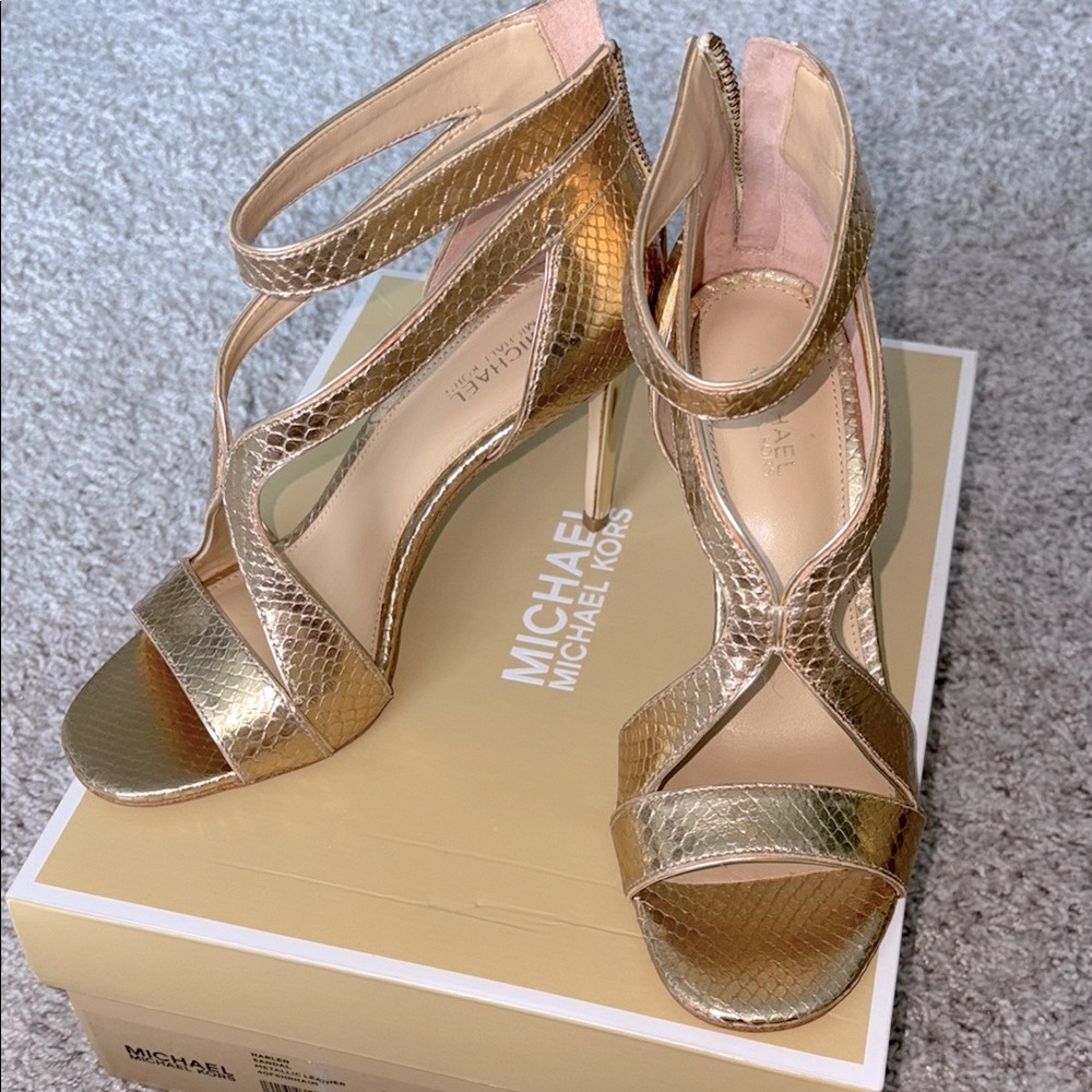 Michael Kors Gold Stiletto Heels with Ankle Strap